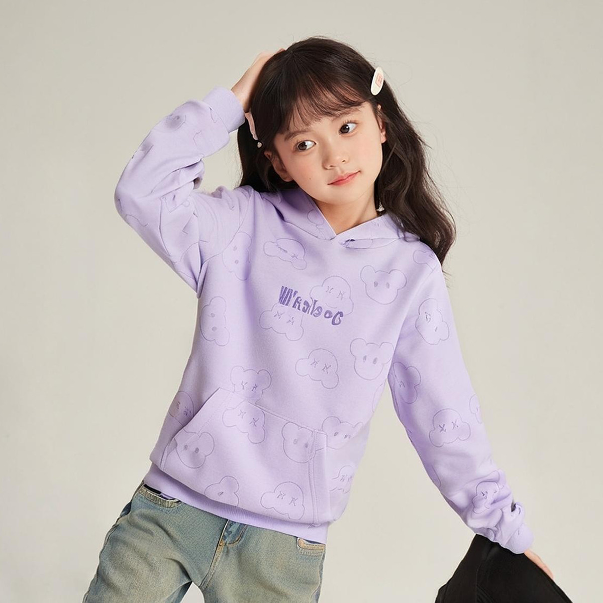 女童春秋连帽卫衣2024新大童运动洋气可爱熊卫衣儿童童装上衣