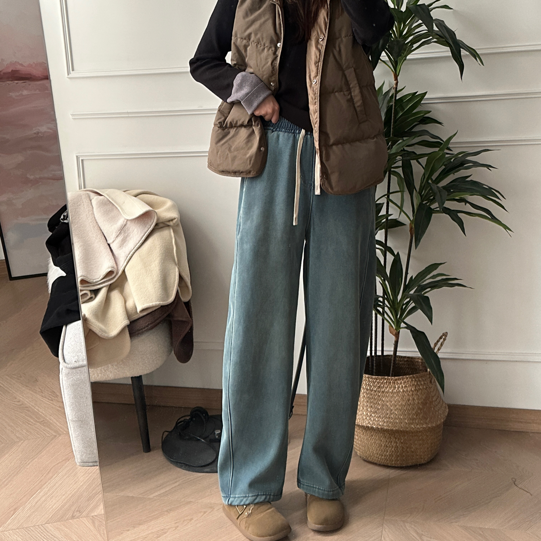 美亚恩NANA超厚绒直筒弯刀加绒抽绳牛仔裤高腰休闲百搭冬季A0953