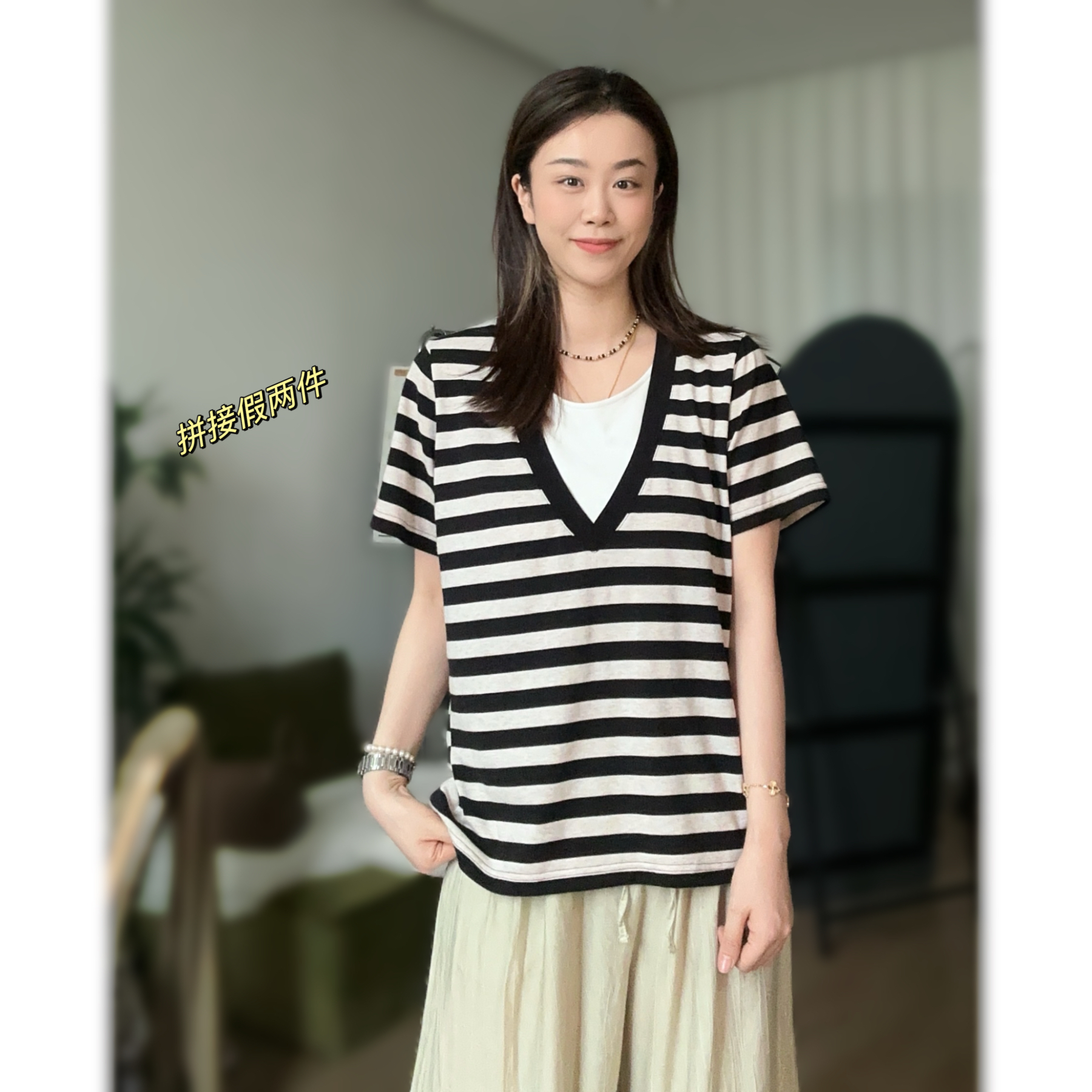 清！NANA大码条纹V领显瘦设计感拼接假两件短袖上衣A0732【美亚恩】