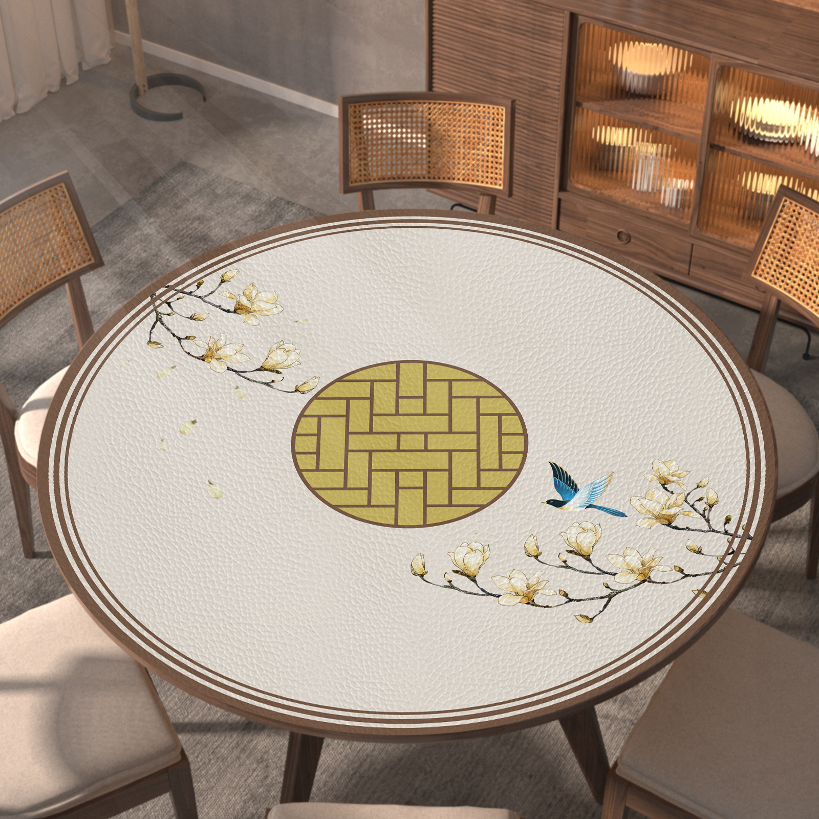 中式圆桌餐桌皮革垫布免洗防油防烫新隔热家用茶几垫中国风定制