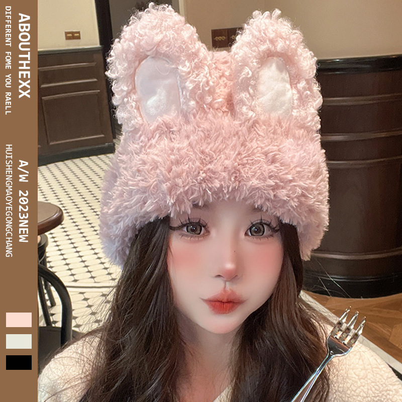 秋冬季加厚毛绒绒兔子耳朵毛线帽子女甜美可爱保暖网红针织帽潮