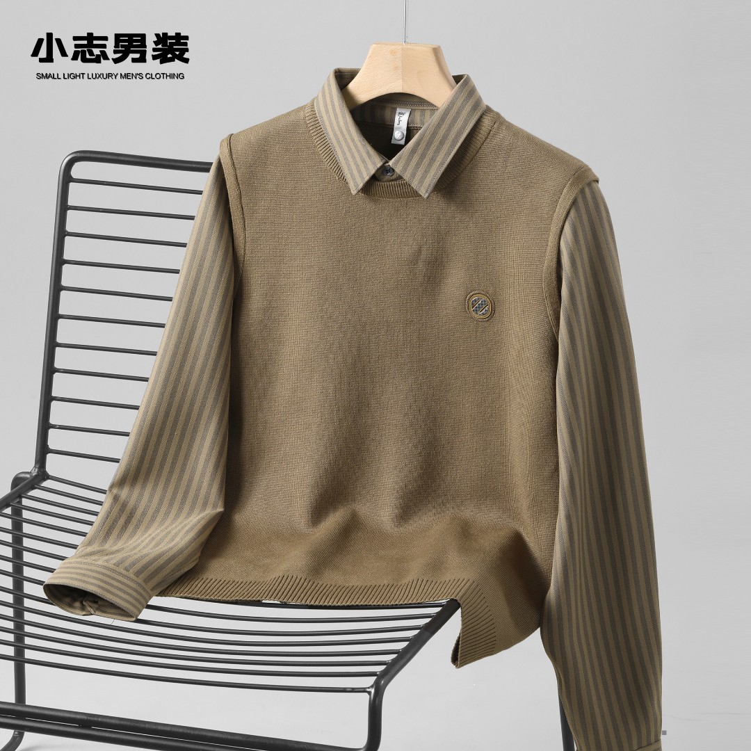 拼接撞色假两件针织衫男士轻奢气质款休闲秋冬外穿修身翻领毛衣