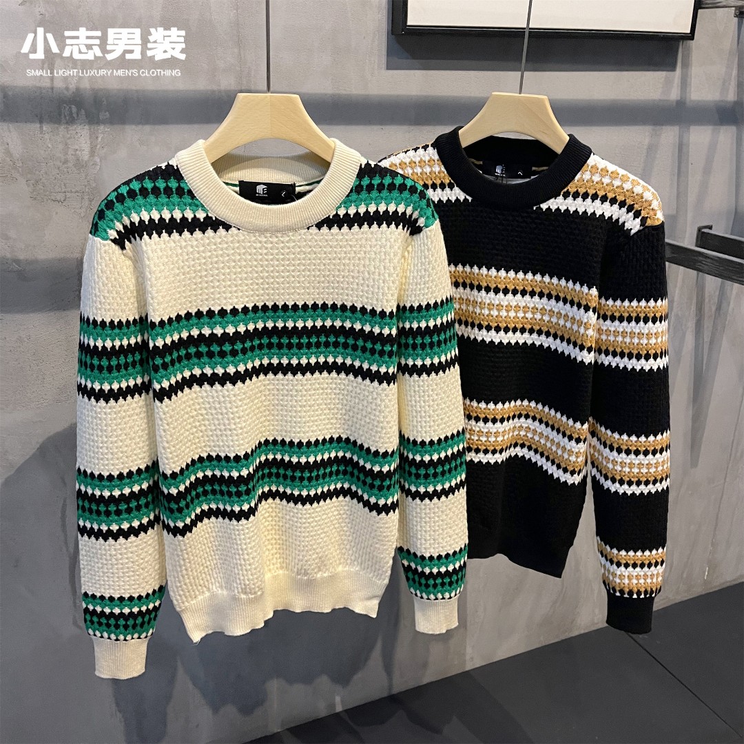 潮男个性拼色圆领针织衫韩版条纹毛衣冬季休闲百搭复古修身款上衣