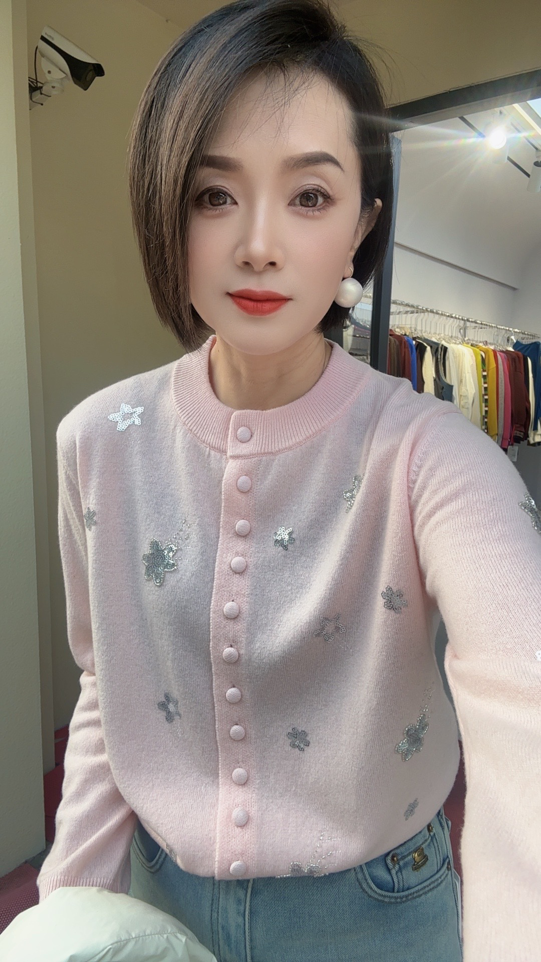 冬季百搭重工花朵钉钻气质针织开衫外套