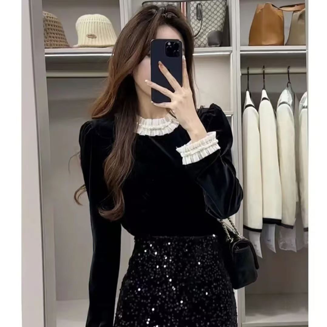 法式复古蕾丝拼接黑色金丝绒上衣女秋冬时尚时髦洋气长袖打底衬衫