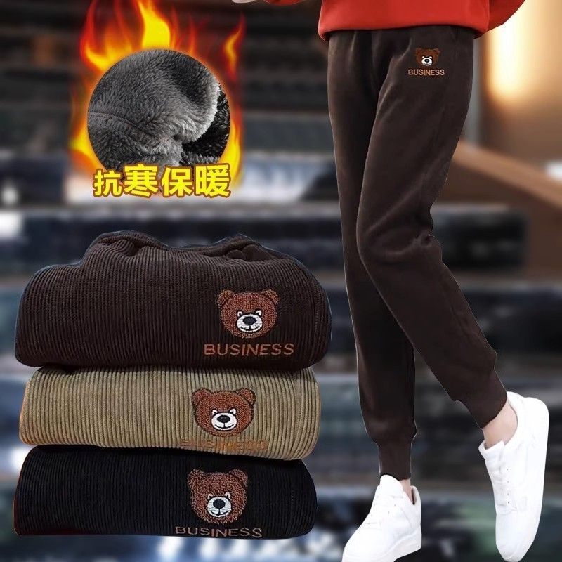 小熊刺绣加绒加厚冬季保暖休闲裤女时尚百搭欧棉绒裤子长毛绒宽松