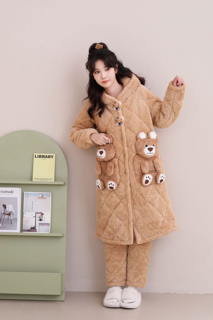KLKL卡通咖色小熊连帽可爱女生秋冬加棉加厚保暖家居服套装