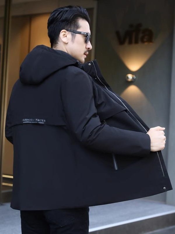 派克服男装短款外套加绒加厚獭兔毛绒内胆秋冬季保暖连帽皮毛一体