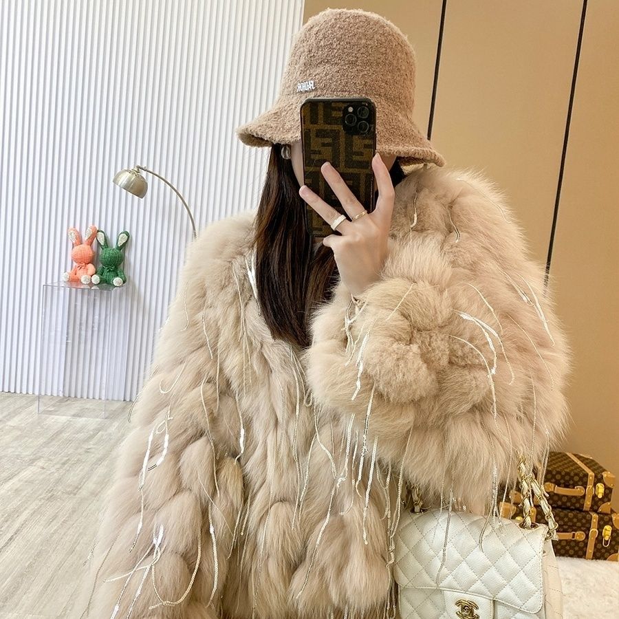 时尚保暖网红新款狐狸毛外套女短款真毛秋冬皮草车条流苏圆领