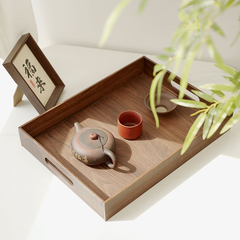 [2024]新款托盘长方形胡桃木纹装饰桌面收纳盘子餐饮平盘茶道家用