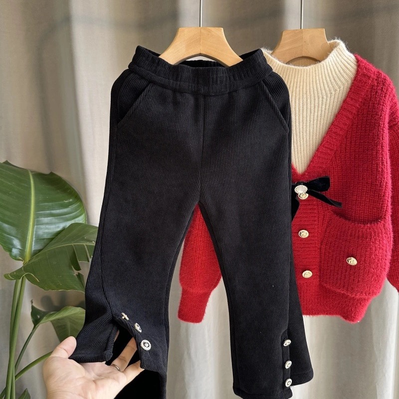 年货加厚女童喇叭裤加厚加绒冬装一体绒保暖宝宝黑色松紧头阔腿裤