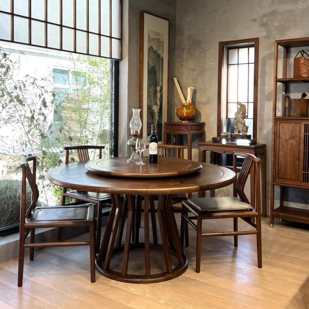 乐木新中式禅意黑胡桃实木圆桌餐桌组合简约家用餐厅家具店铺定制