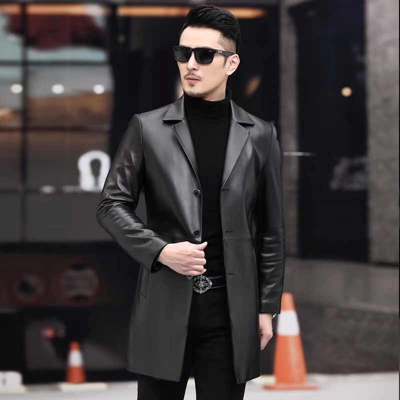 JY/玖憶男士绵羊皮中长款风衣西装领春秋款休闲外套 9018