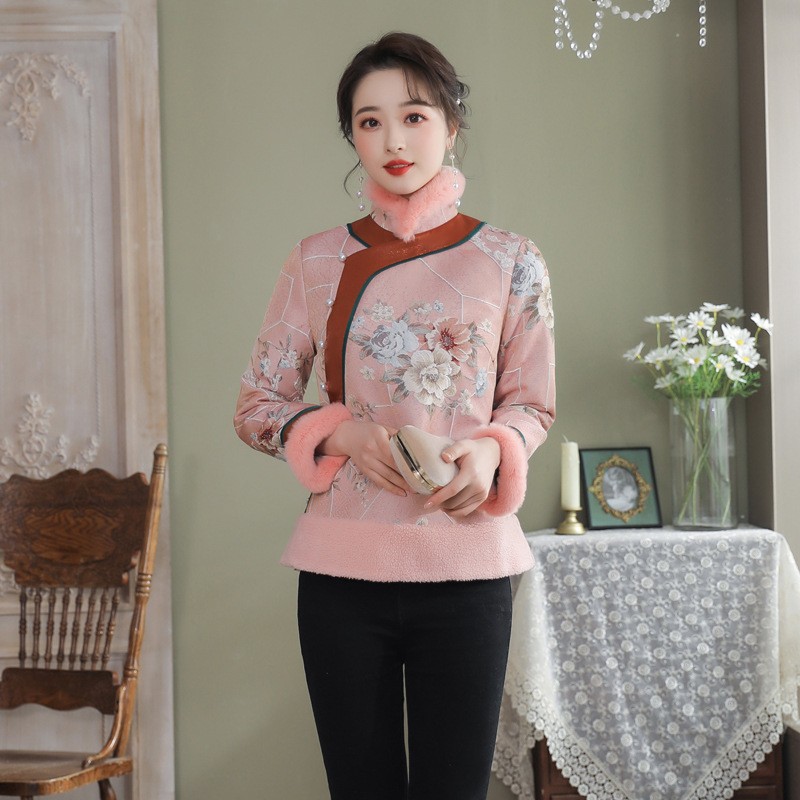 新款织锦提花冬中国风复古中式国风民族棉粉色中长款单排扣棉服女