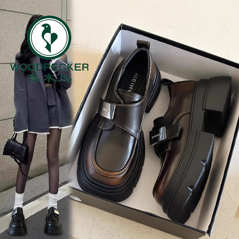 啄木鸟品牌小皮鞋女新款2025春季厚底女款英伦风鞋子百搭乐福鞋