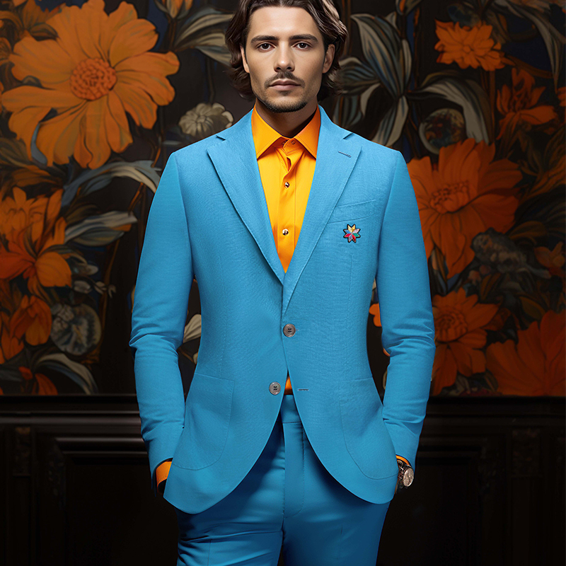 米纱迪意式春夏季蓝色亚麻西服休闲时尚韩版男士网红洋气炸街男装