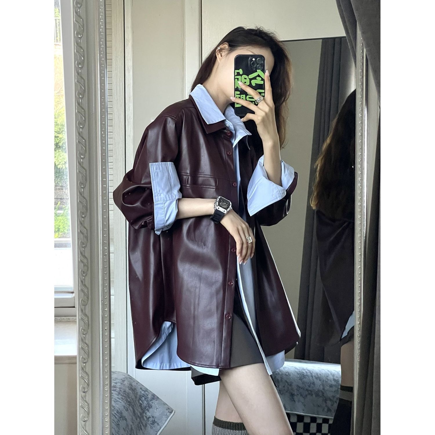 短款葡萄紫PU皮衣外套女2023年春秋季休闲新款复古网红韩版衬衫