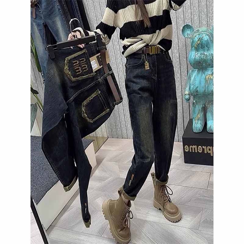 2023早秋秋冬显高显瘦烟管牛仔裤欧货做旧色小个子高腰九分宽松裤