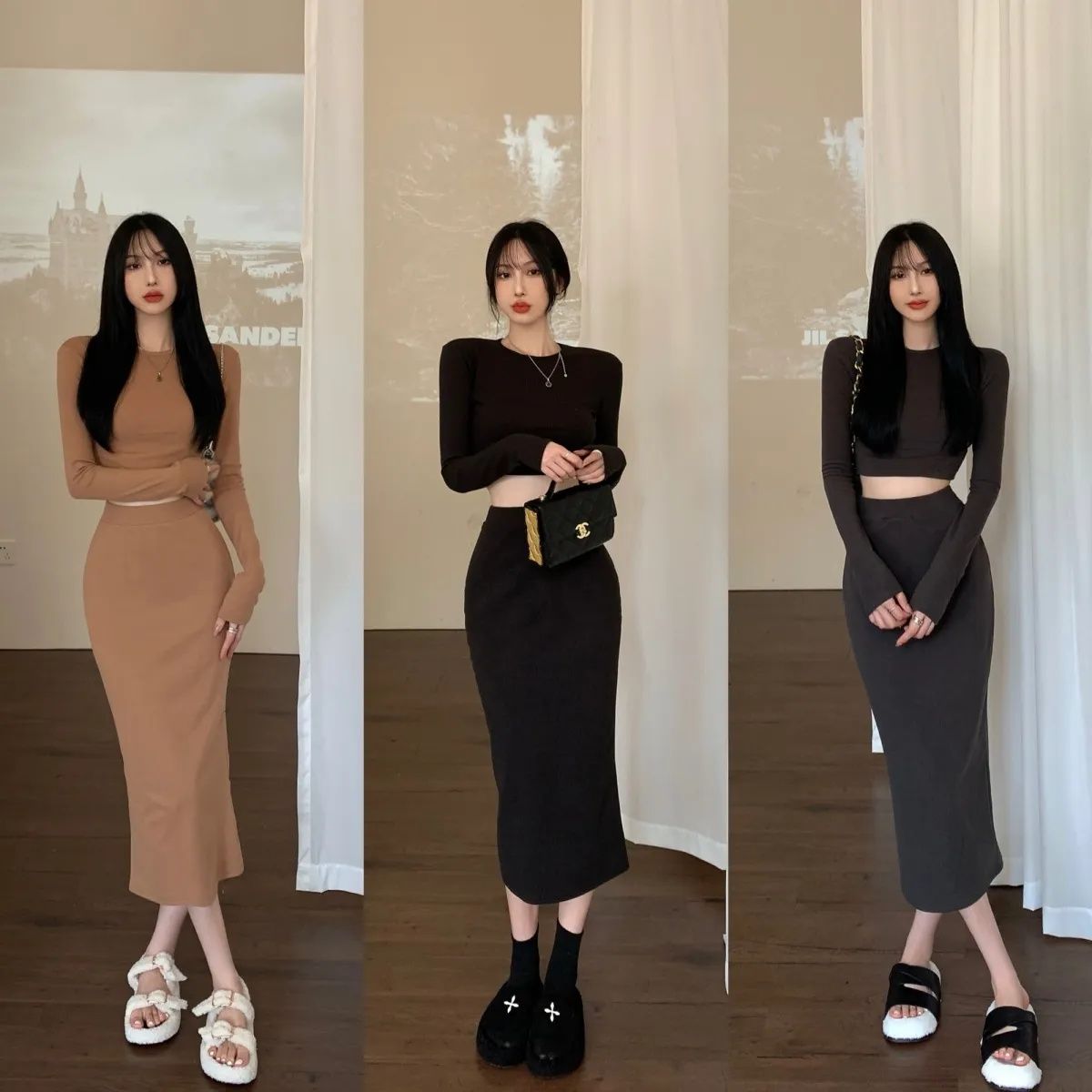 冬装单/套 港味复古气质秋季打底短上衣针织包臀半身裙两件套装女