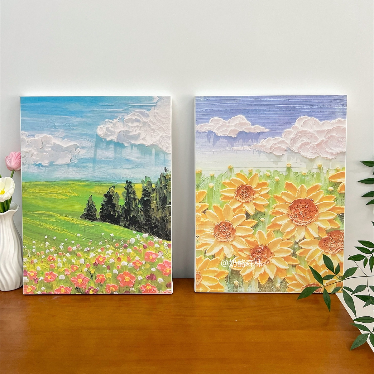 ins风清新油画棒花朵框画 房间摆放松木系列尺寸可选简约摆台挂画