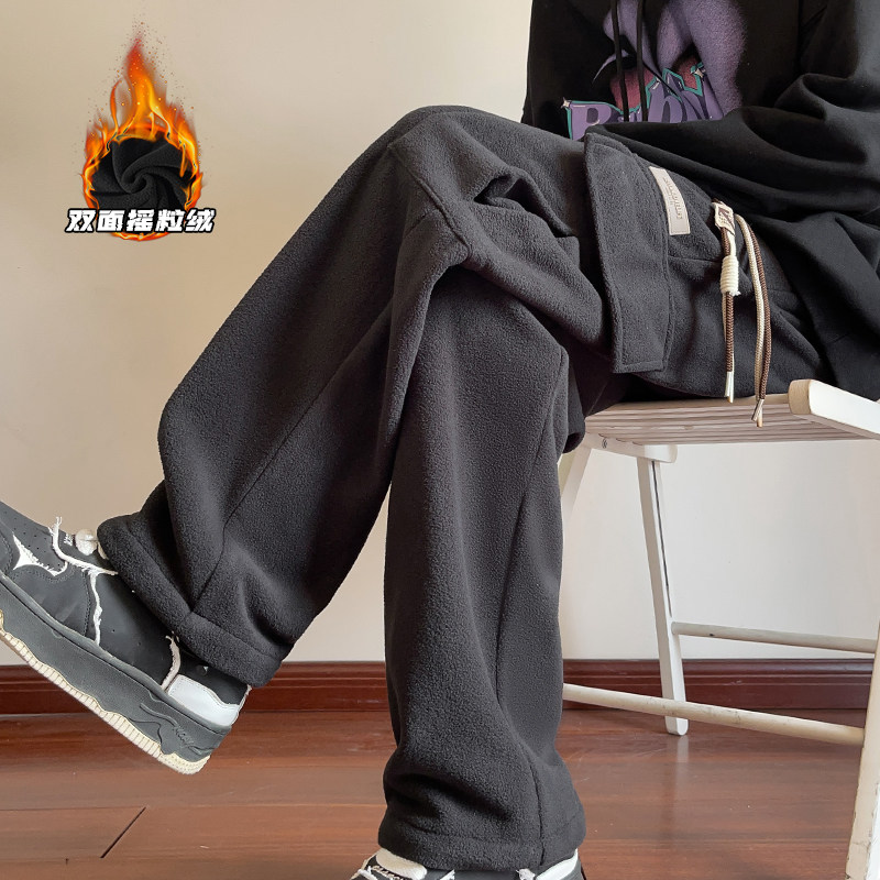 双面摇粒绒裤子男冬季加绒加厚工装卫裤潮牌美式复古直筒休闲长裤