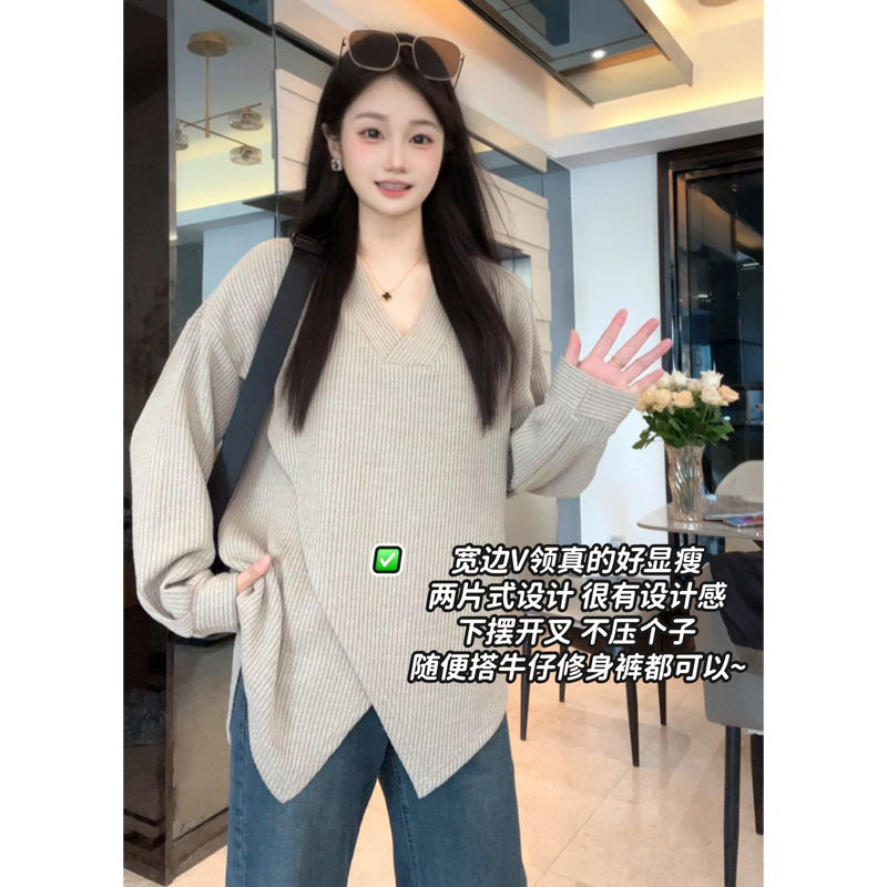 双层开叉叠层设计慵懒风休闲宽松女T恤长袖时尚松弛秋冬百搭上衣
