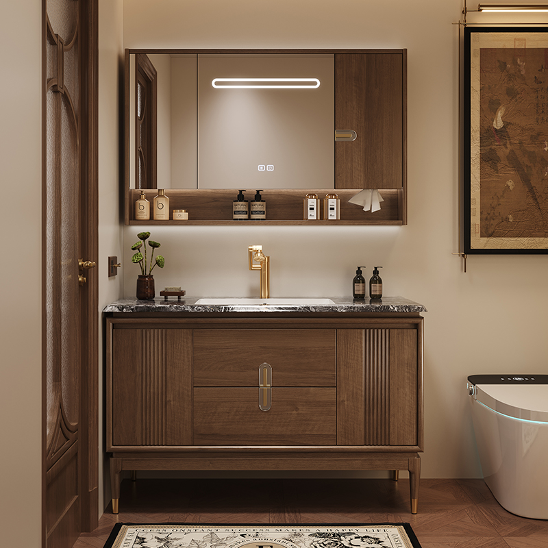 新中式乌金木浴室柜组合奢石无缝盆一体陶瓷盆洗手盆洗脸盆柜