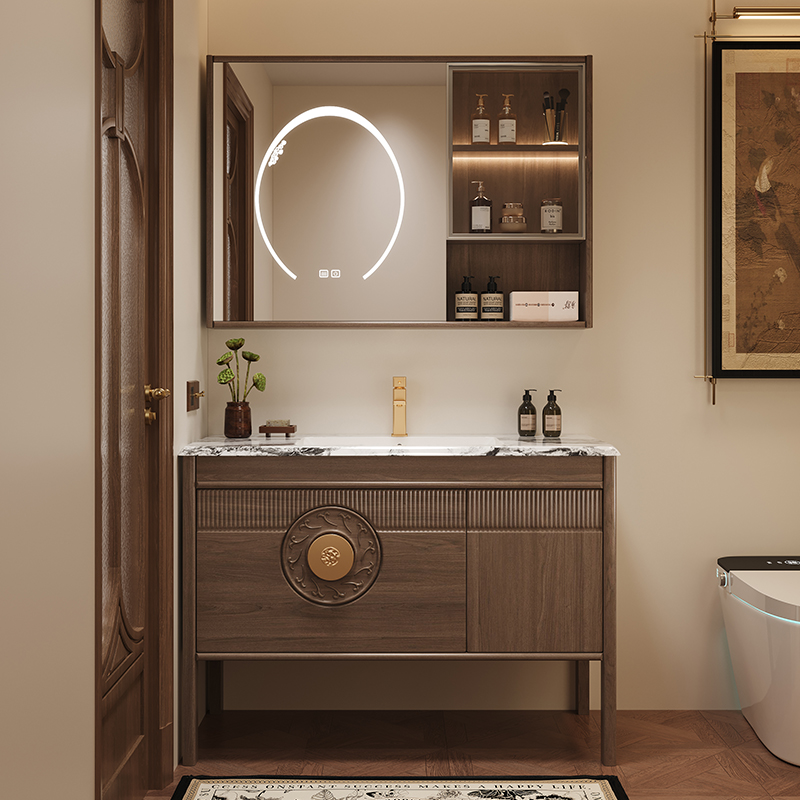 新中式乌金木落地浴室柜组合奢石无缝盆一体陶瓷盆洗手盆洗脸盆柜