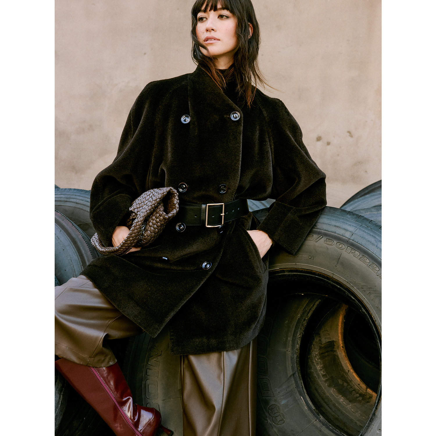 MARIUS“鱼子酱大衣”时尚感双排扣A摆保暖中长款大衣外套冬季