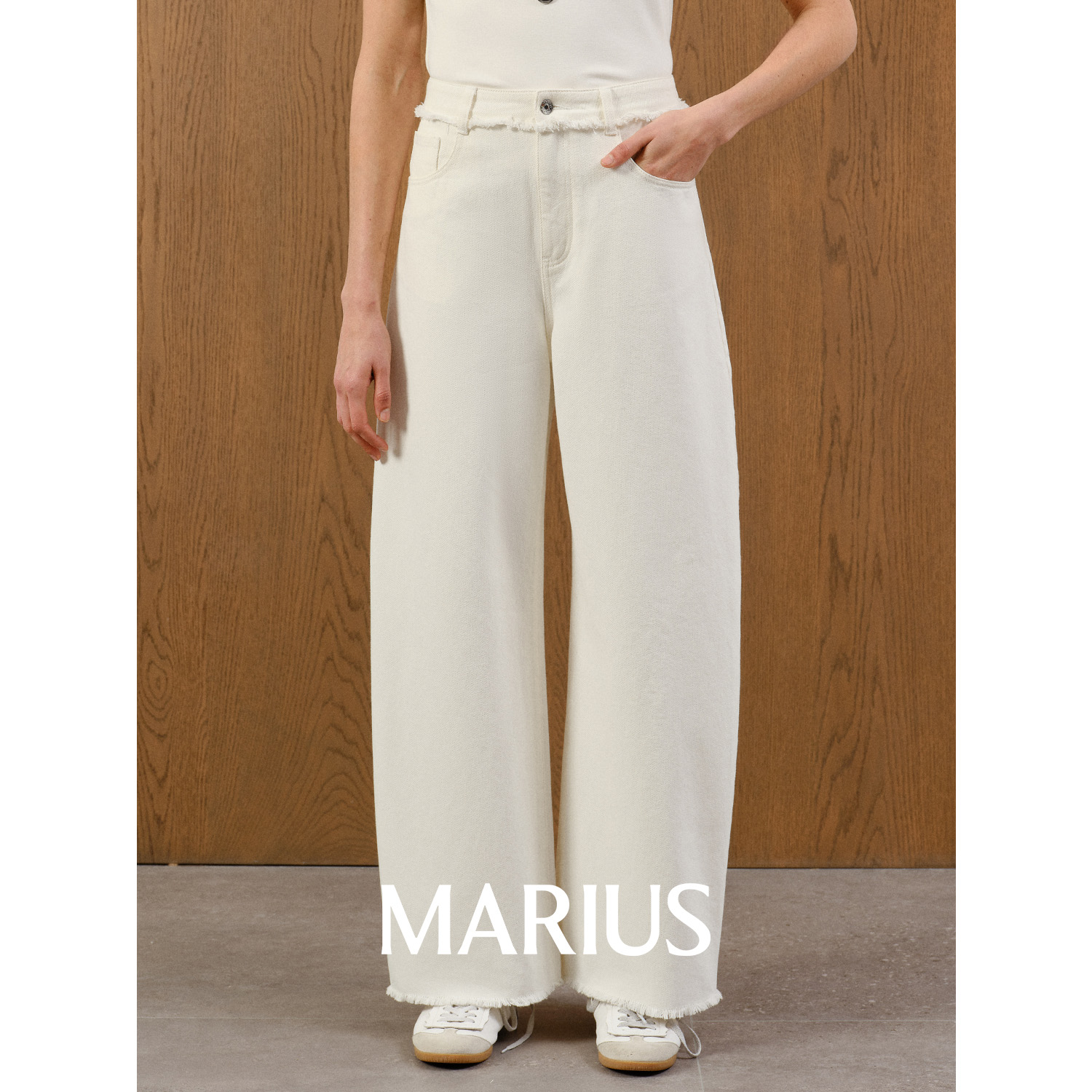 MARIUS显瘦休闲裤白色高腰时尚复古阔腿宽松长裤毛边牛仔弯刀裤