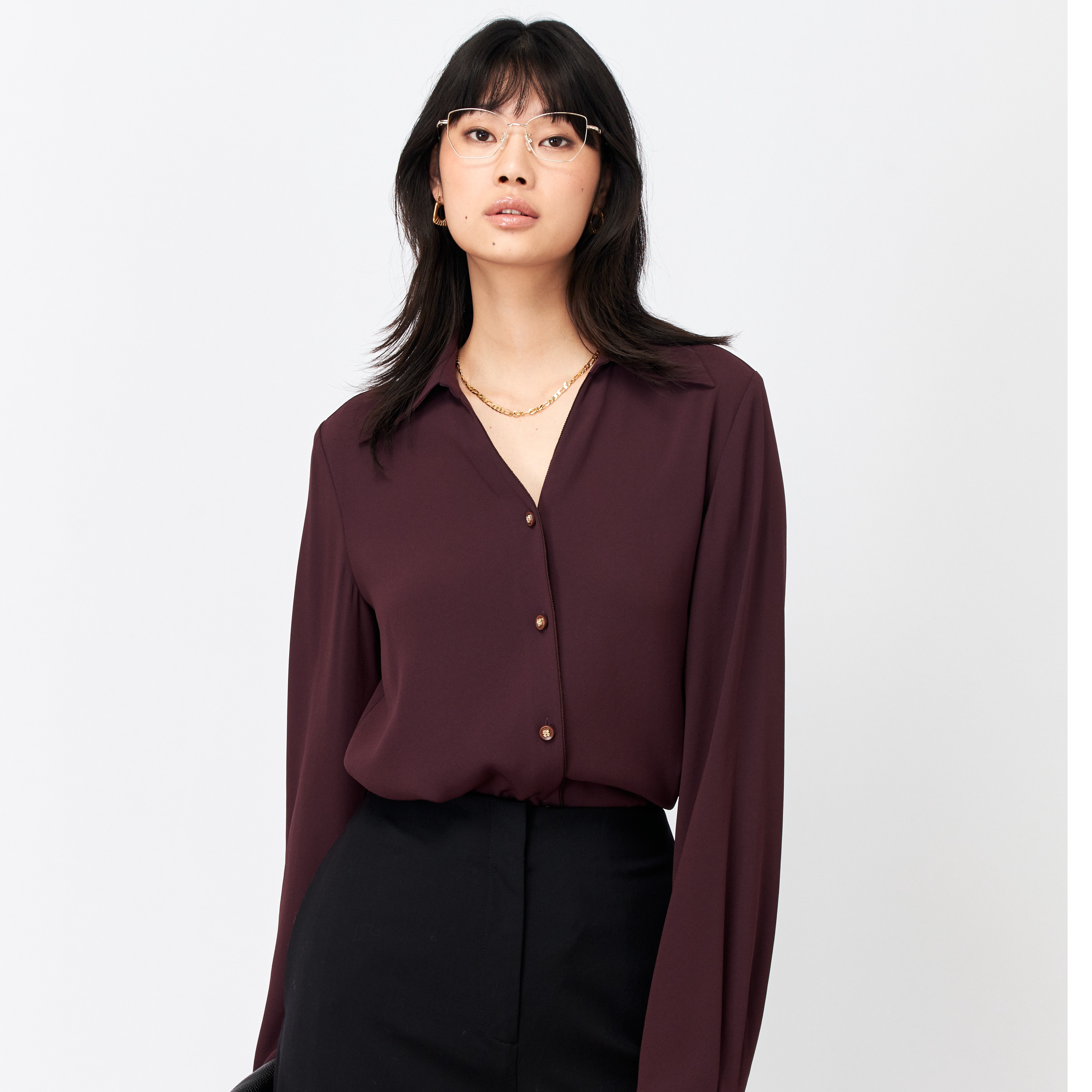 MARIUS"金融街"优雅休闲V领织带小袖口衬衫时尚气质长袖春季纯色