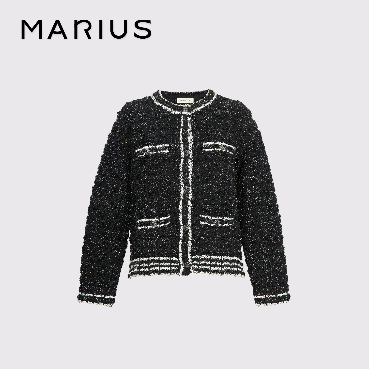 MARIUS"冬日恋人"气质轻奢时尚百搭款名媛撞色浮线针织黑色女开衫