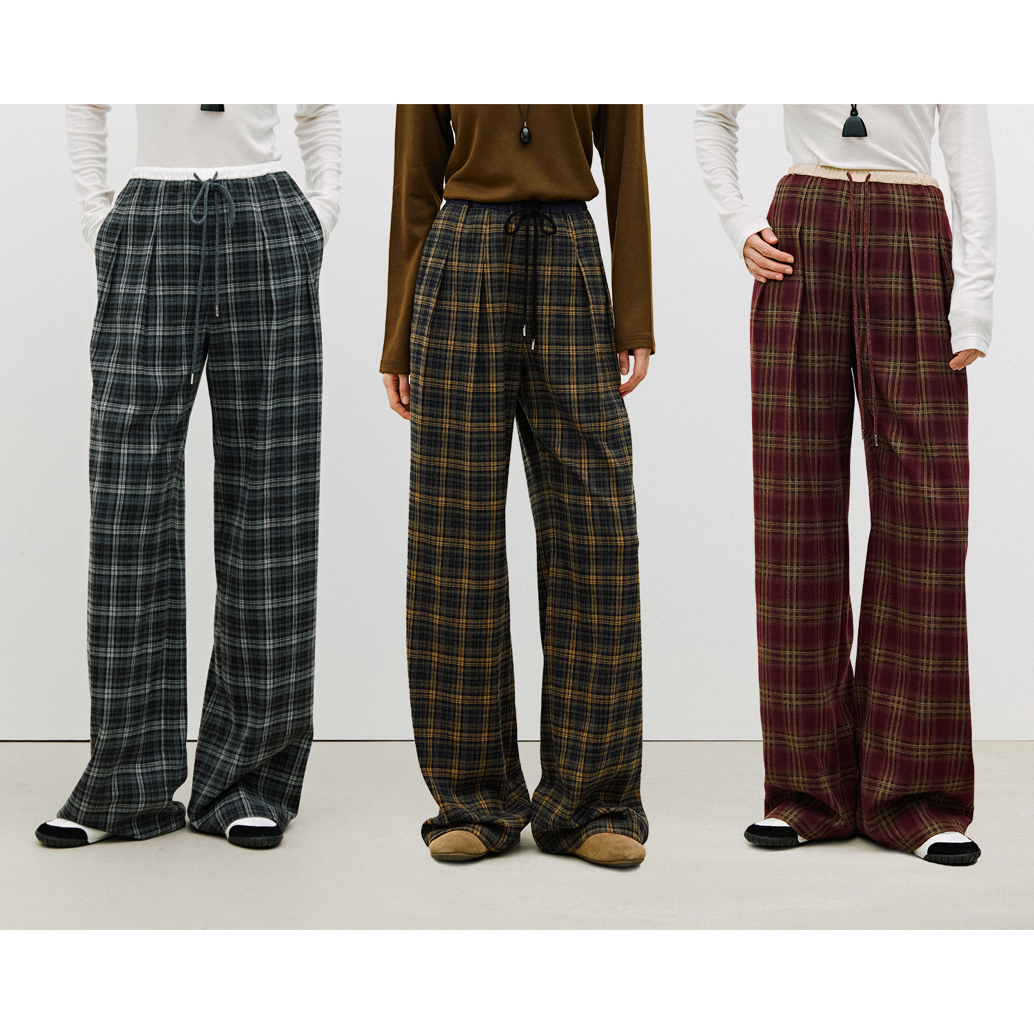 MARIUS“小彩格”英伦VTG学院风撞色抽绳腰头宽松直筒裤冬季休闲裤