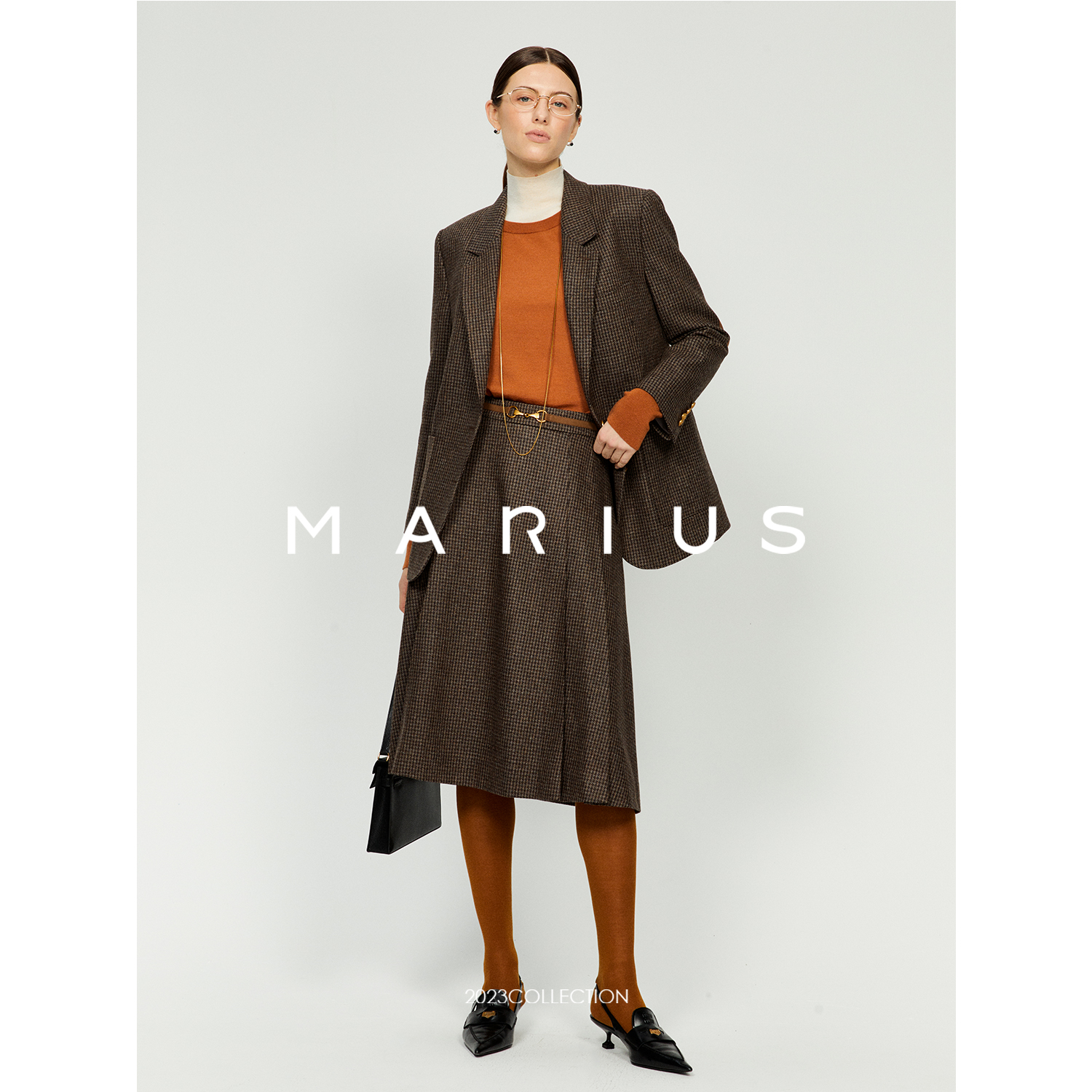 MARIUSMARIUS黑标“迷 雾”美利奴千鸟格单排扣女士西装/半裙