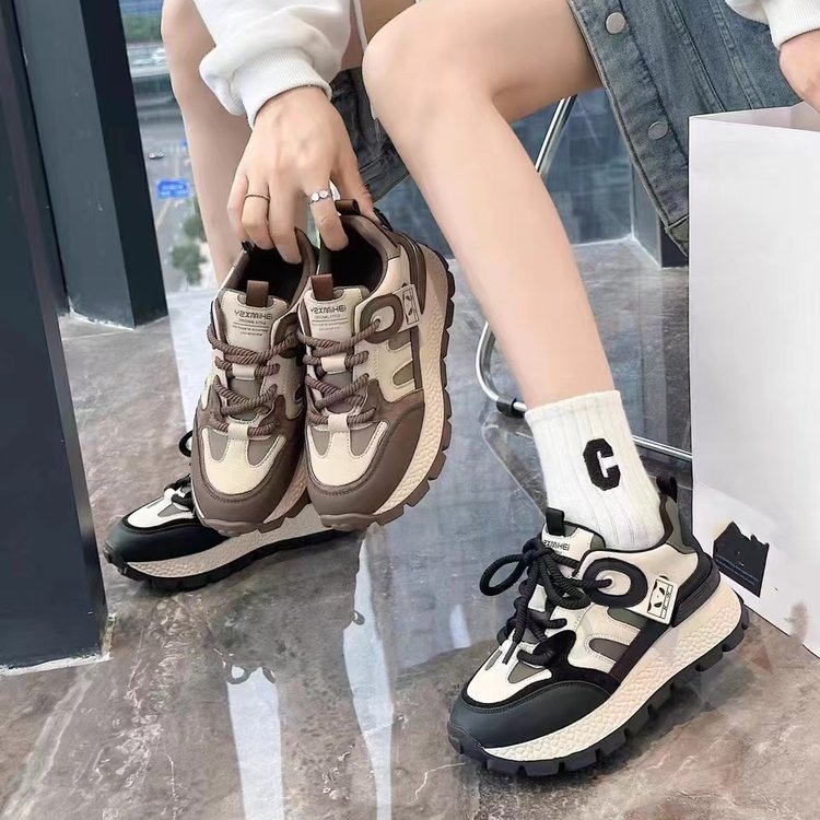软皮老爹鞋女ins潮2023秋冬新款厚底百搭复古显脚小休闲运动鞋