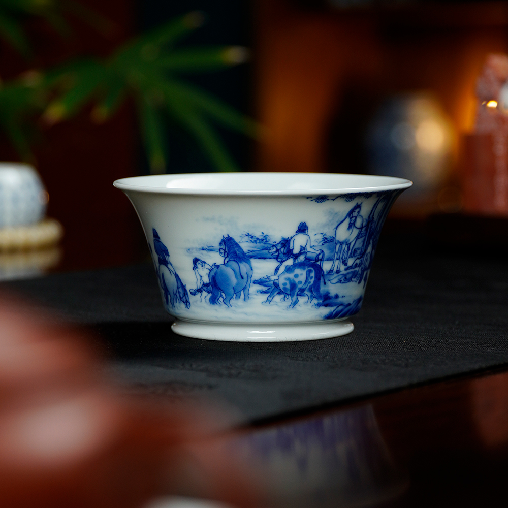 汪部瓷器严选天心雅器青花浴马图马蹄主人杯纯手工手绘品茗杯