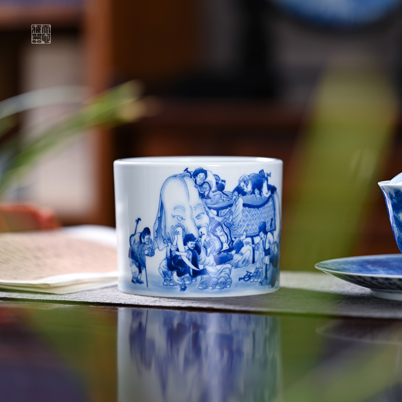 景德镇茶具陶瓷主人杯手绘青花釉下彩名窑纯手工品茗杯盲人摸象图