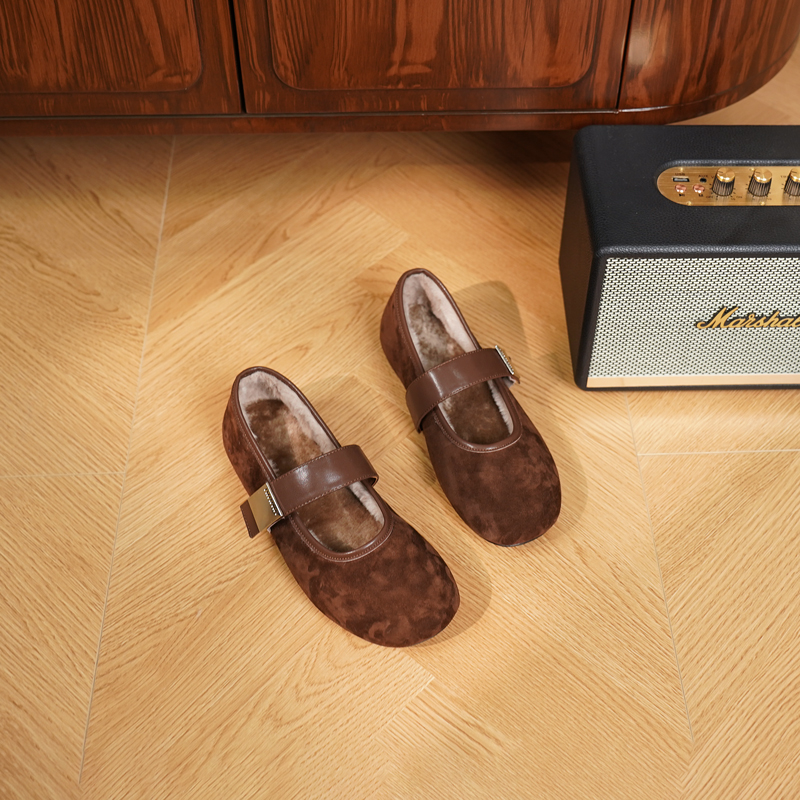 【跟高2cm羊皮】新款秋冬复古玛丽珍鞋女一字带浅口绒里单鞋1101