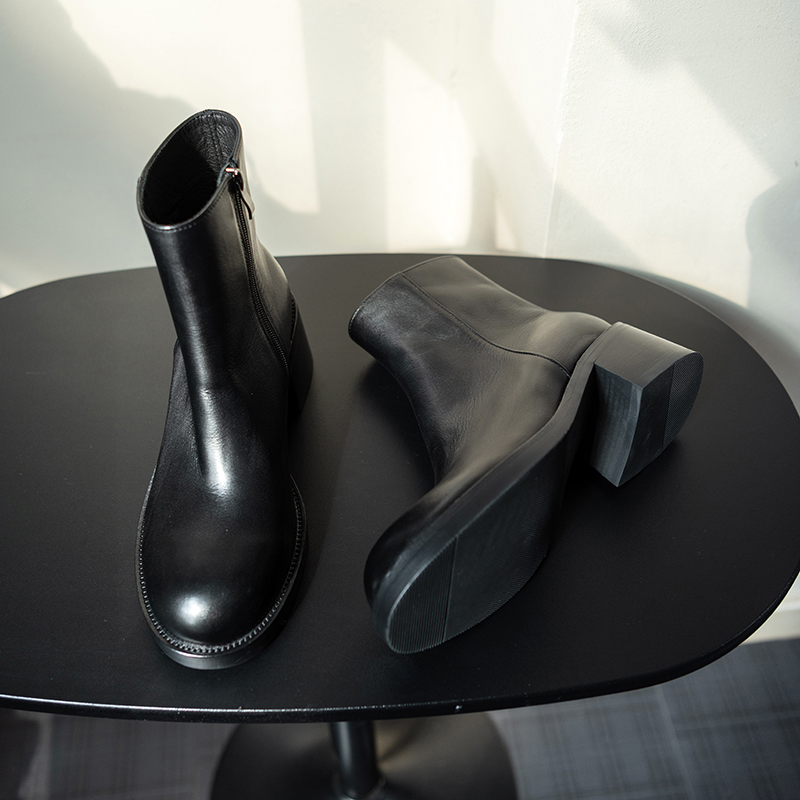 简约松弛感水洗小牛皮靴子男款6cm增高跟靴切尔西马丁靴男设计感