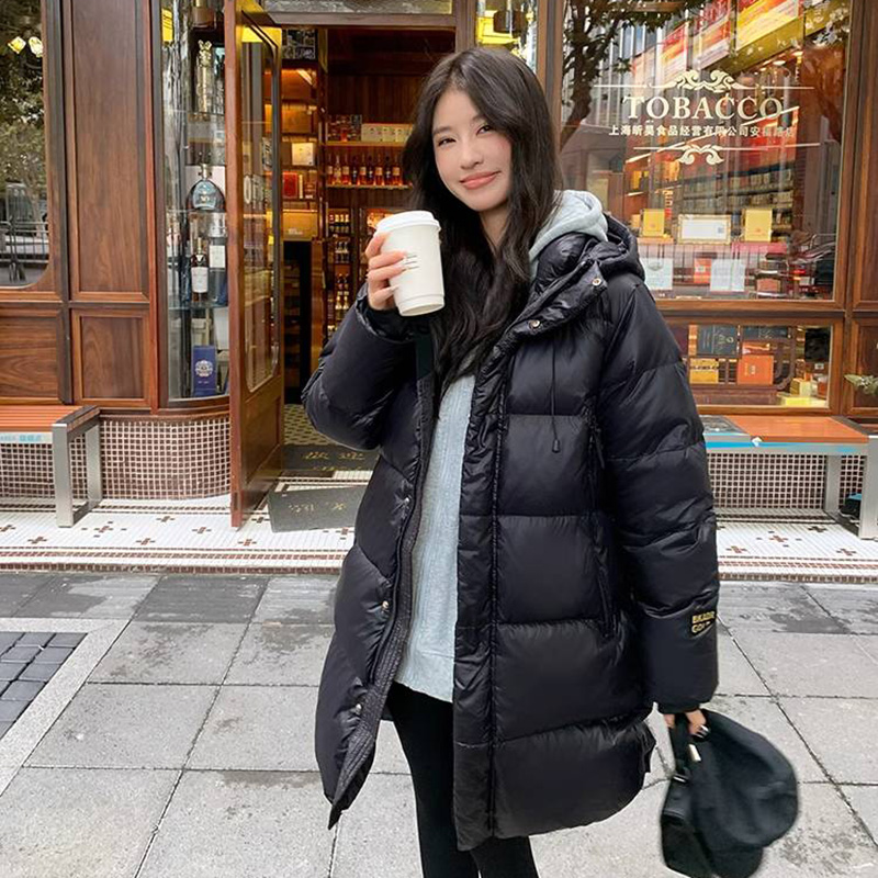 黑j中长款保暖外套冬季羽绒服女烫金加厚百搭连帽韩版