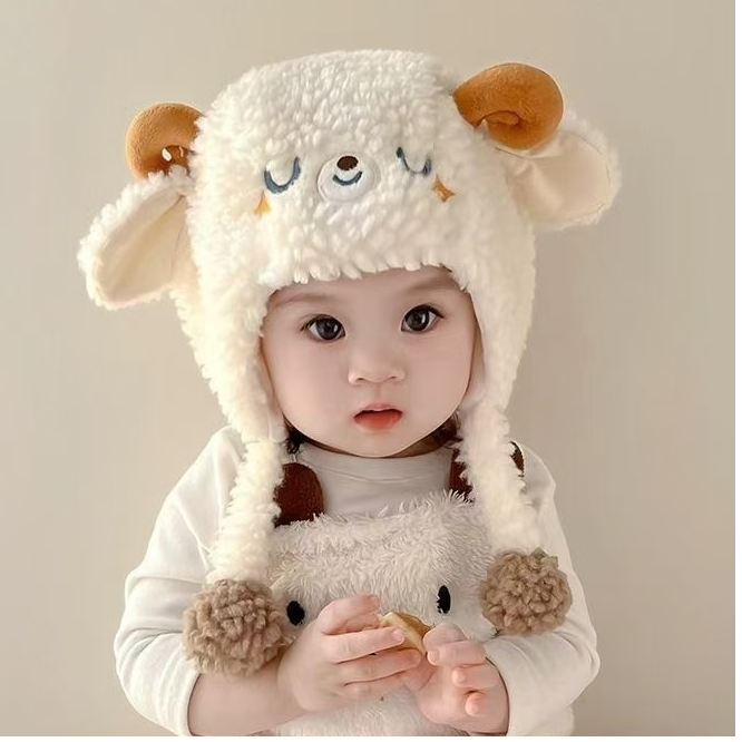 婴儿帽子秋冬季可爱小羊宝宝毛绒护耳帽保暖加厚男女童套头帽冬天