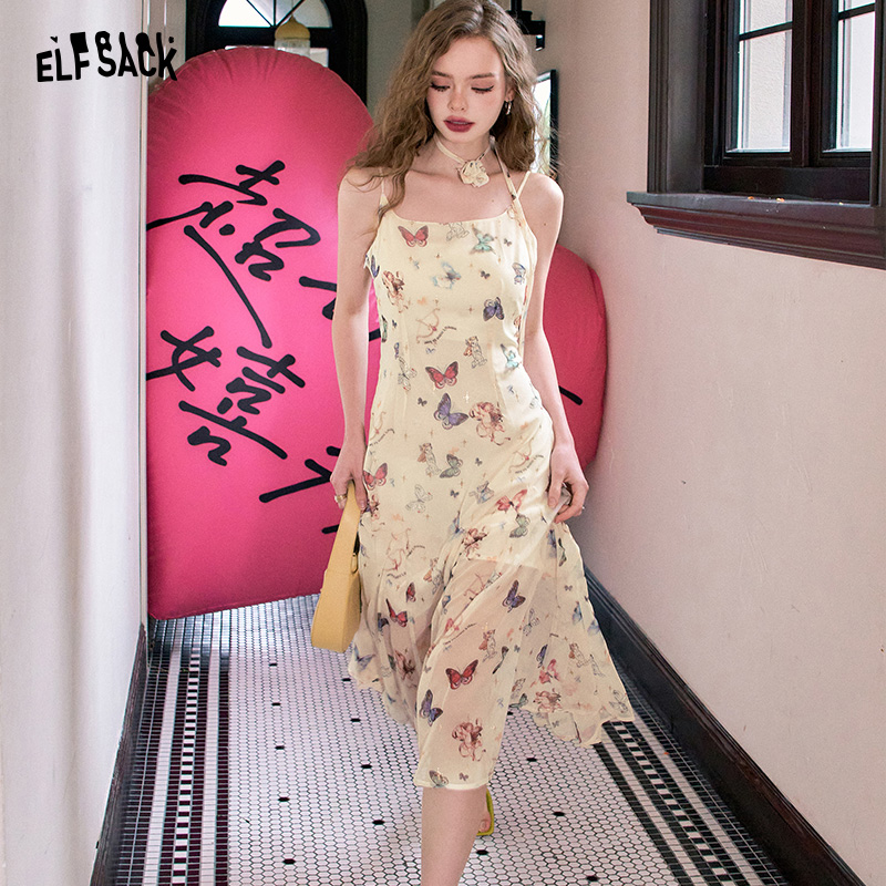 妖精的口袋 独占蝴蝶 印花吊带连衣裙女2024夏季新款收腰显瘦气质