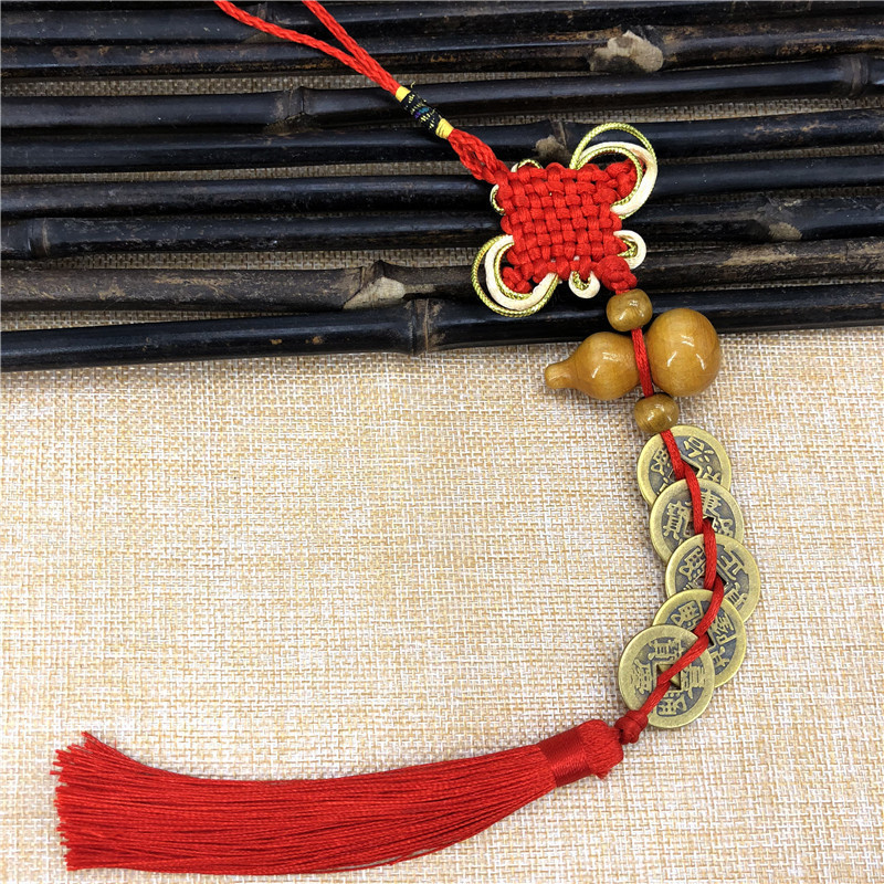 7cm铜葫芦五帝钱八卦开口铜葫芦金边结桃木葫芦五帝钱家居挂件