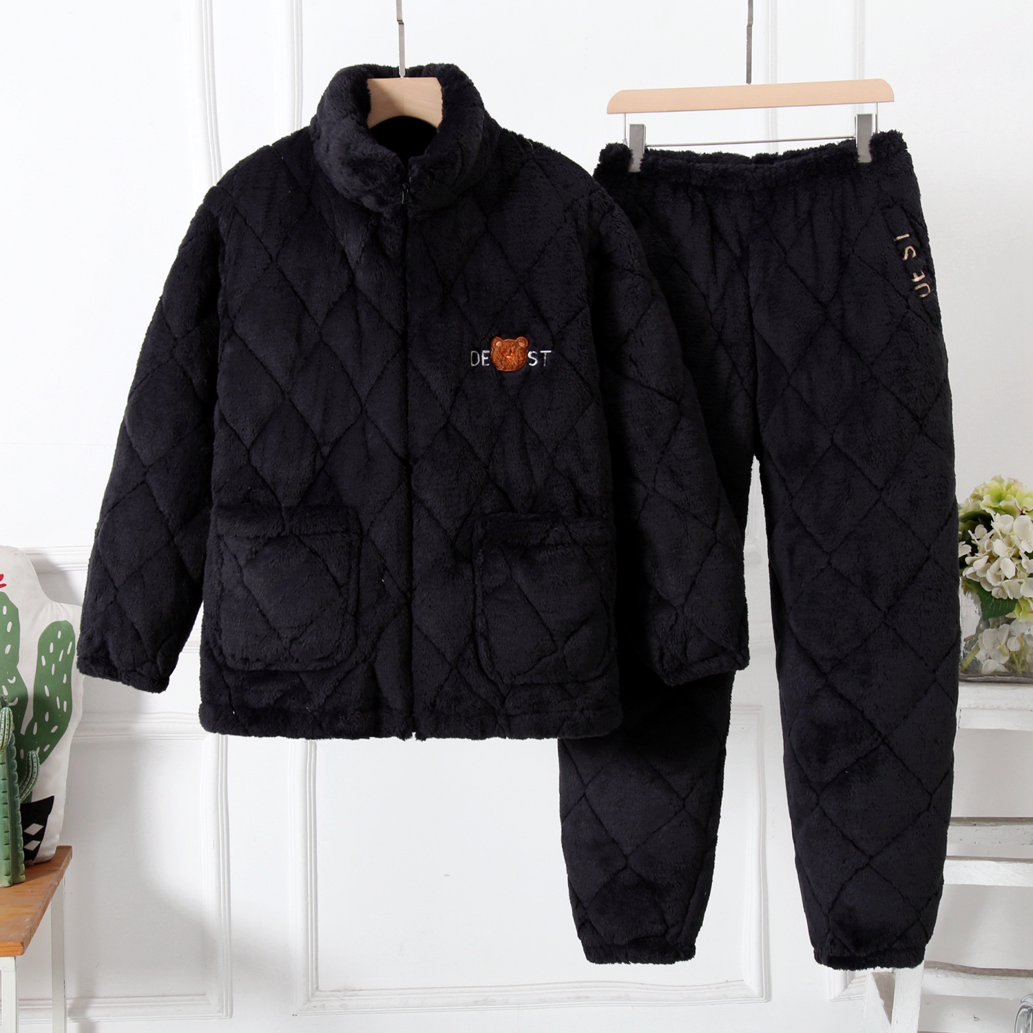 情侣款加厚睡衣冬裤子设计口袋家居服套装可外穿三层加绒时尚简约