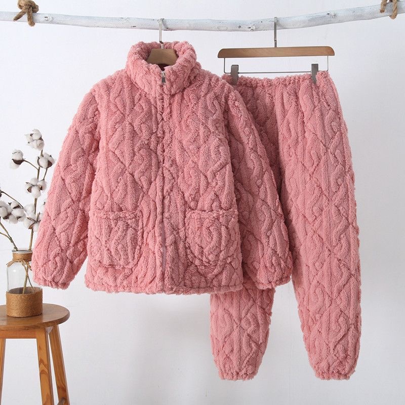 加厚睡衣拉链女冬季法兰绒套装家居服可外穿加厚加绒三层夹棉长袖