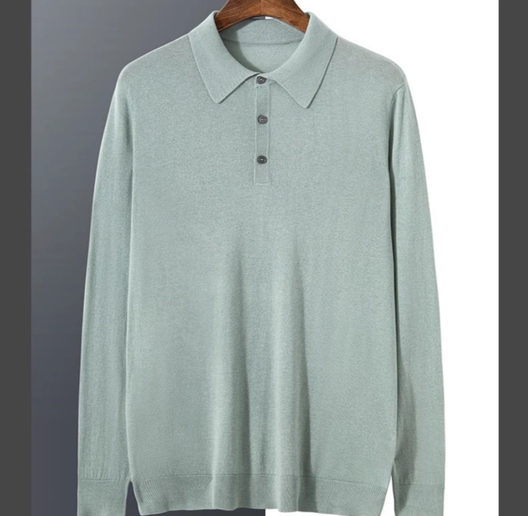 【85桑蚕丝+15山羊绒】男士68支精纺polo 长袖，纯色翻领绅士商务