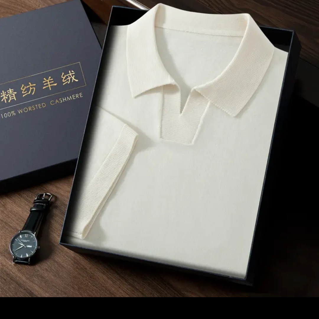 纯山羊绒68支精纺POLO领短袖男夏季薄款海鸥领半袖针织T恤翻领814