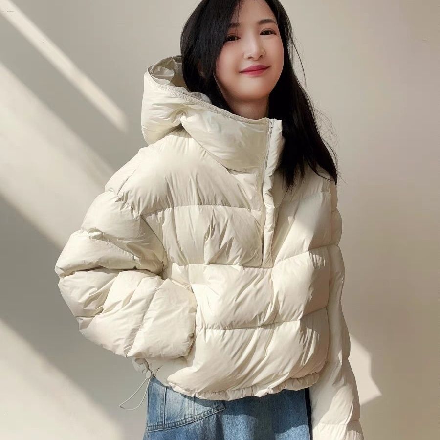 加厚套头面包羽绒棉服女卫衣式半拉链时髦设计感宽松保暖连帽外套