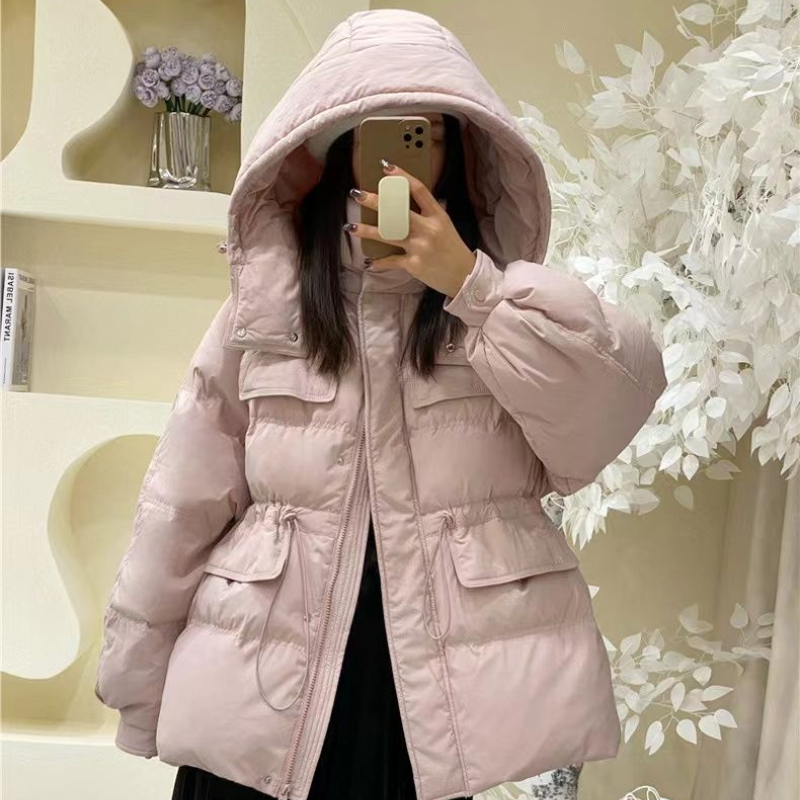 冬季羽绒服女2023新款加厚宽松连帽中长款收腰小个子白鸭绒外套潮