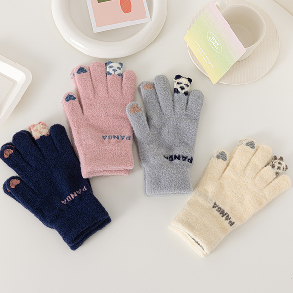 【保暖手套】触屏手指熊猫手套女冬季可爱针织毛绒全指触屏加绒加厚